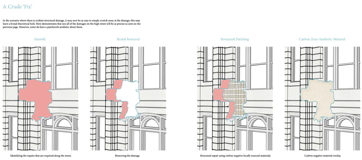 Street scale patchwork

Investigating Facade Damage will highlight where the repair needs to be undertaken.

It is creating an irregular pattern of repair that evolves.

Only intervene when necessary; this proposal will not ‘repair what does not need fixing’ as it appreciates there could be a negative effect on an already declining high street.

Repairs will be constructed with the materials grown on the street as part of the Macro-scale intervention. - Ryan Cooksey Street Scale Patchwork 8.png